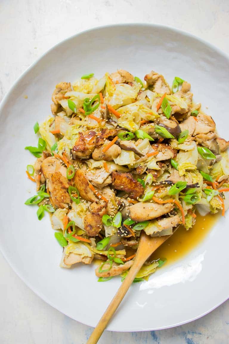 Paleo Chicken Stir-Fry Recipe with Napa Cabbage and Shiitake Mushrooms.