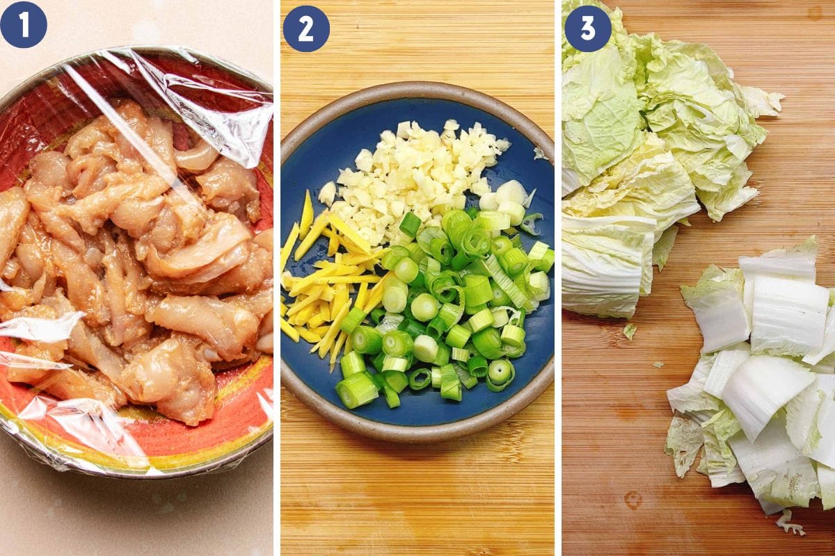 Person demos how to slice chicken breasts, how to dice napa cabbage before cooking