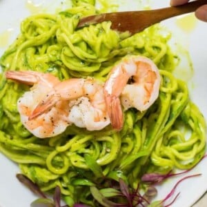 Zucchini Pasta Shrimp with Avocado Pesto Sauce Recipe.