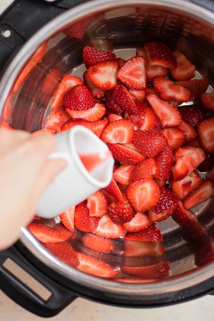 Strawberry compote made on a stovetop or instant pot, thickened with chia seeds. 