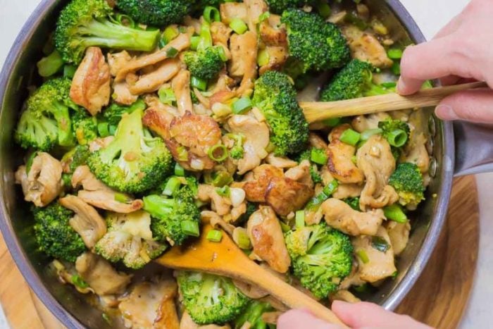 A pan filled with cooked chicken pieces, broccoli florets, and chopped green onions being stirred with two wooden spoons—a classic broccoli chicken stir fry in the making.