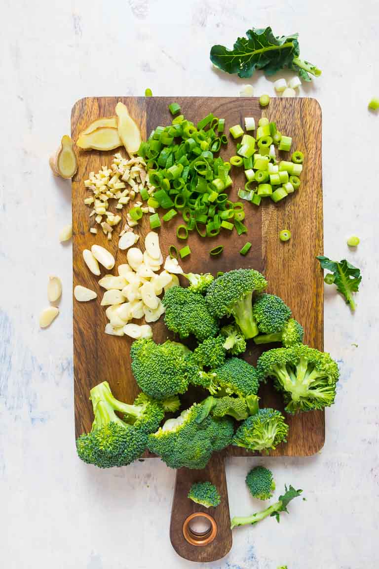 Broccoli, garlic, ginger chopped up