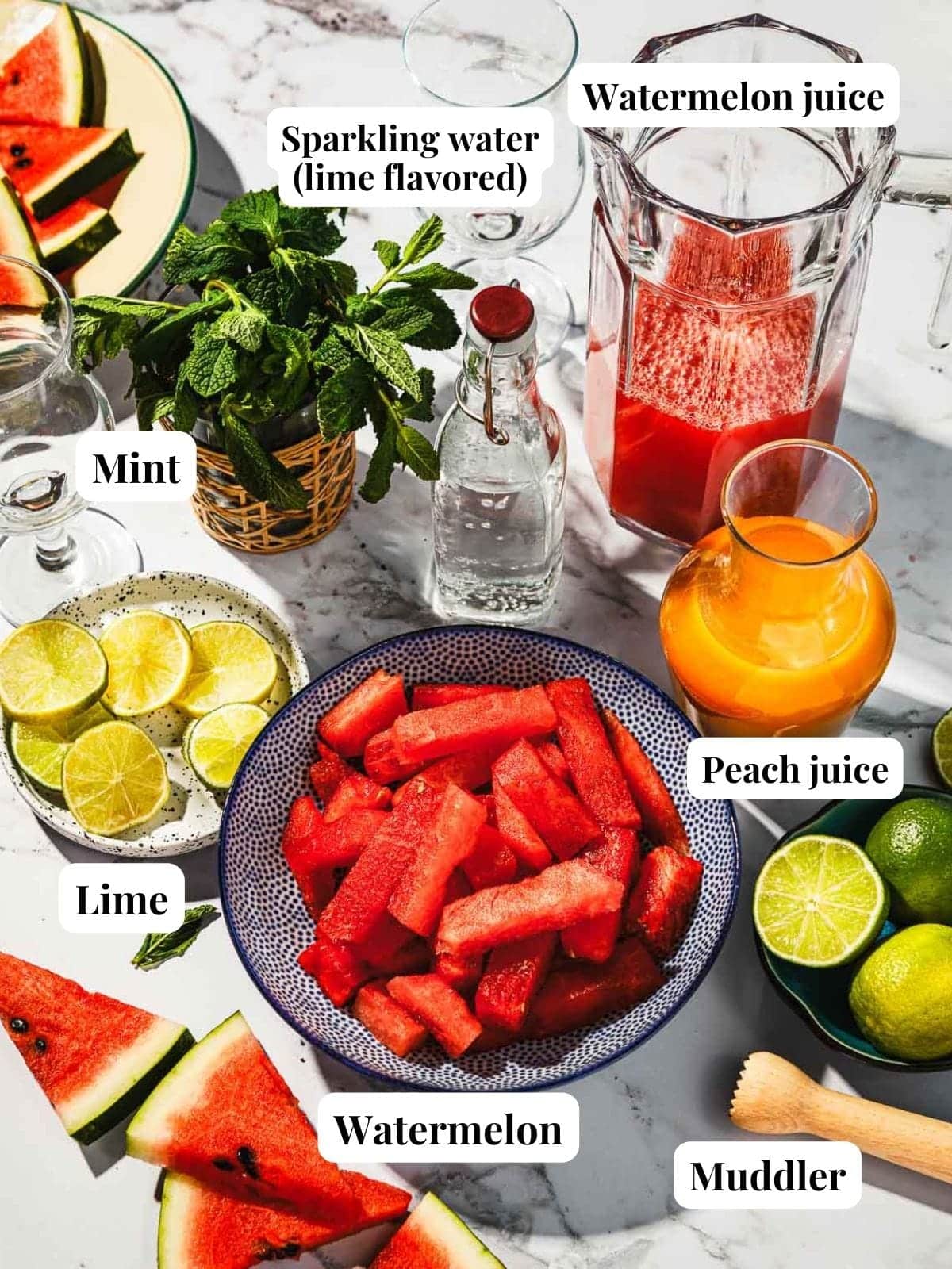 Image shows ingredients needed to make this non-alcoholic drink with watermelon.