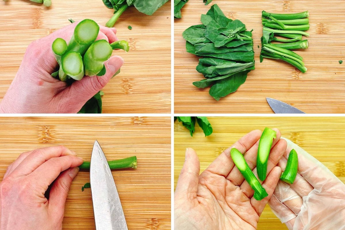 Four photos show hands trimming Gai lan stems on a wooden cutting board with a knife, demonstrating step-by-step how to cut the vegetable for a Chinese Broccoli Stir Fry recipe.