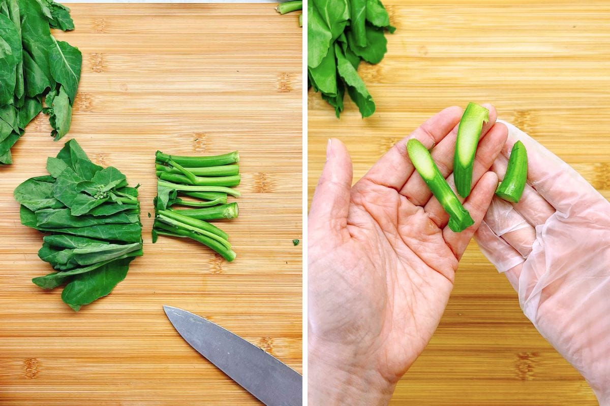 Two panels: Left shows chopped Chinese broccoli green leafy stems and a knife on a wooden cutting board, as commonly prepared for a Chinese Broccoli Stir Fry. Right shows a gloved hand holding three kai lan (Chinese broccoli) stem pieces above the board.