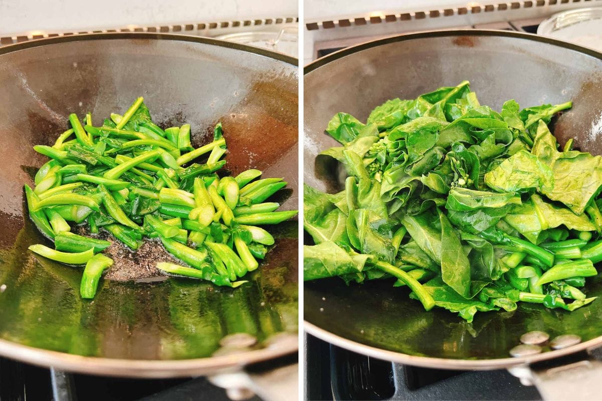 Two side-by-side images show a wok with chopped Chinese broccoli vegetables: on the left, the stems of kai lan (Chinese broccoli) are being stir-fried; on the right, leafy greens have been added and are being cooked, perfectly illustrating a classic Chinese Broccoli Recipe in action.