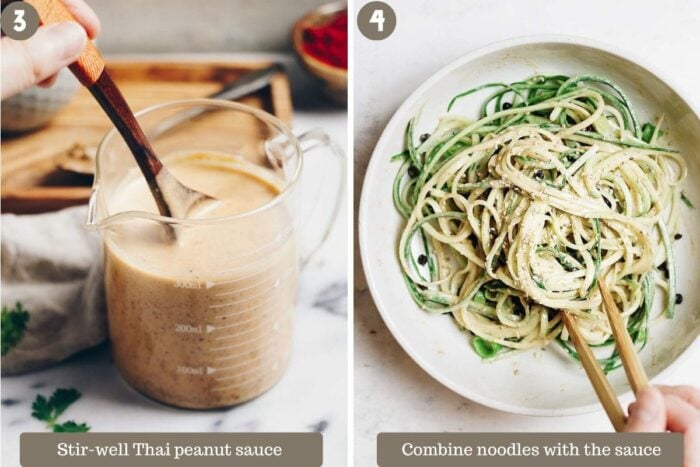 Photo shows making the sauce and combine the noodles with the sauce