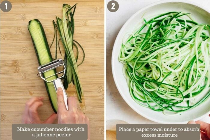 Step-by-step shot shows making cucumbers into noodles using a julienne peeler