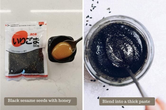 Photo shows 2-ingredient easy homemade black sesame paste for ice cream use