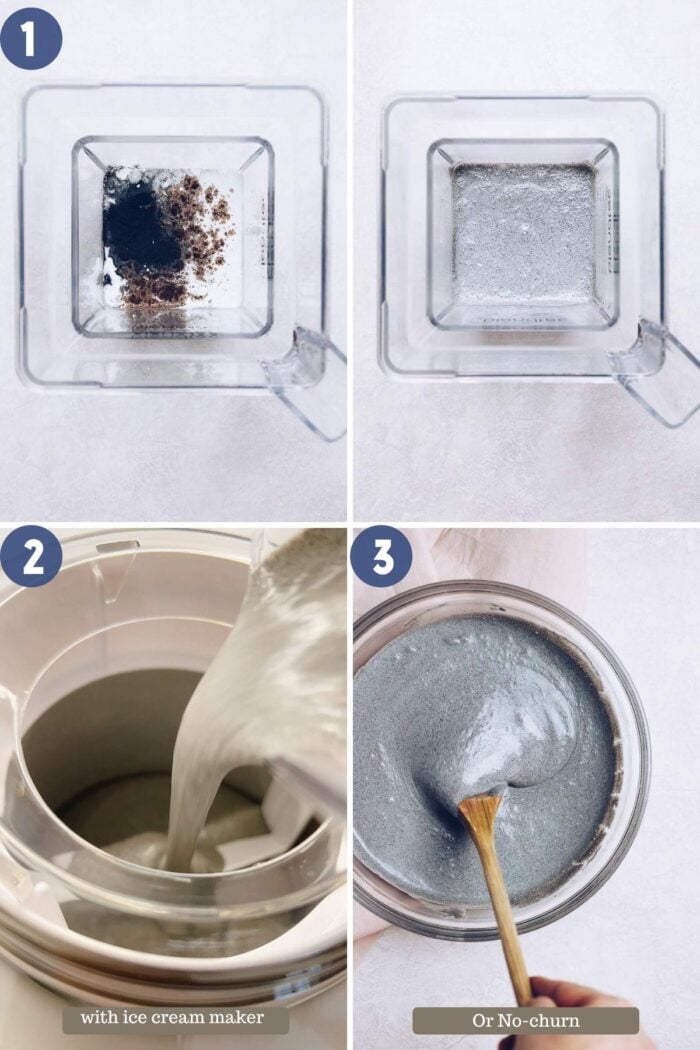 A step-by-step photo shows easily blend the ingredients in a blender then chill the ice cream base