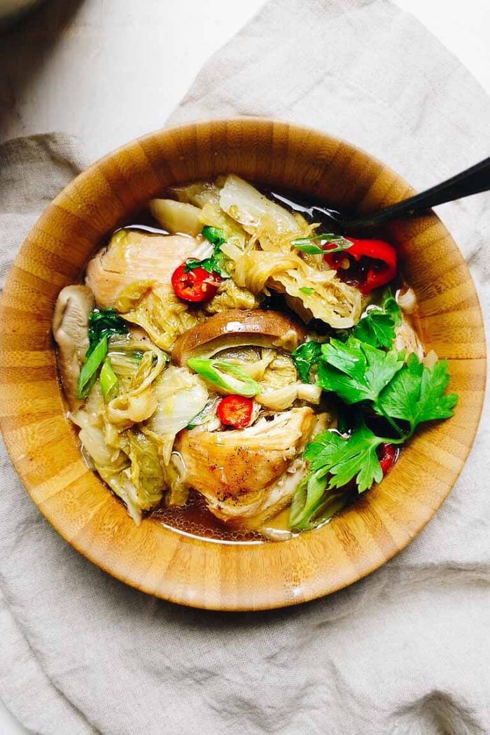 Instant Pot Chicken Cabbage Soup Recipe with Chinese Napa cabbage and shiitake. Paleo, Whole30 and Keto friendly.