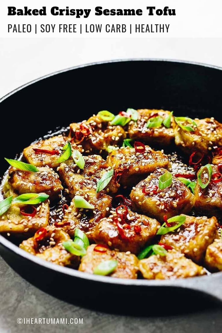 Paleo knapperige Sesamtofu recept met ovengebakken sojavrije ei vla tofu in volkoren 30 sesamsaus.