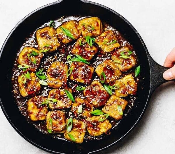 Paleo Crispy Sesame Tofu recipe with oven baked soy free egg custard tofu in Whole30 Sesame Sauce.