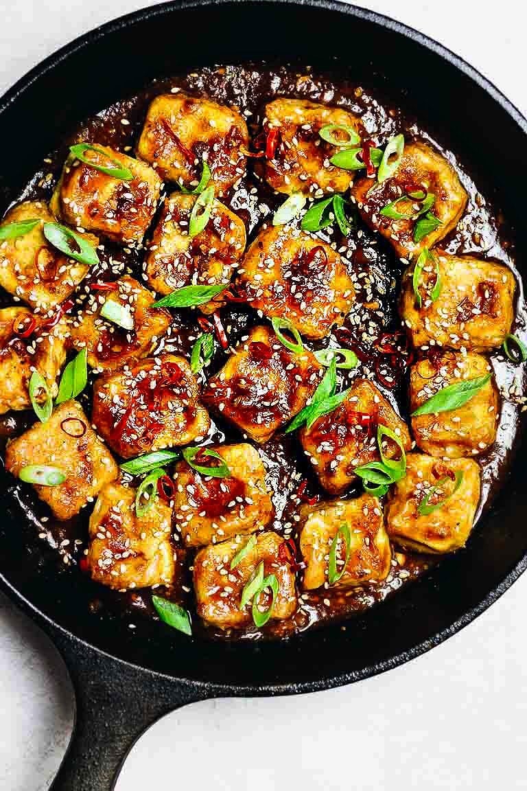 Paleo Crispy Sesame Tofu recipe with oven baked soy free egg custard tofu in Whole30 Sesame Sauce.