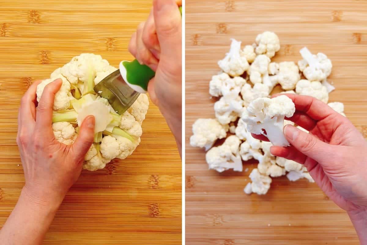 A person removes the core from a head of cauliflower with a knife, then holds a single floret above a pile of separated florets—perfect for paleo cauliflower recipes like cauliflower mashed potatoes or cauliflower mash.