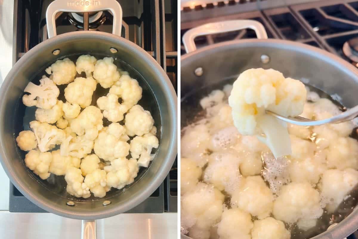 Two photos: On the left, raw cauliflower florets in a pot of water on a stove; on the right, cauliflower boiling, with a fork lifting one floret to demonstrate fork tender cauliflower florets.