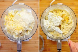 Two images show a food processor with cauliflower mashed potatoes. On the left, shredded cheese, butter, and grated cheese top the mix; on the right, cottage cheese is stirred in. This Cauliflower mashed potatoes sits on a wooden surface.