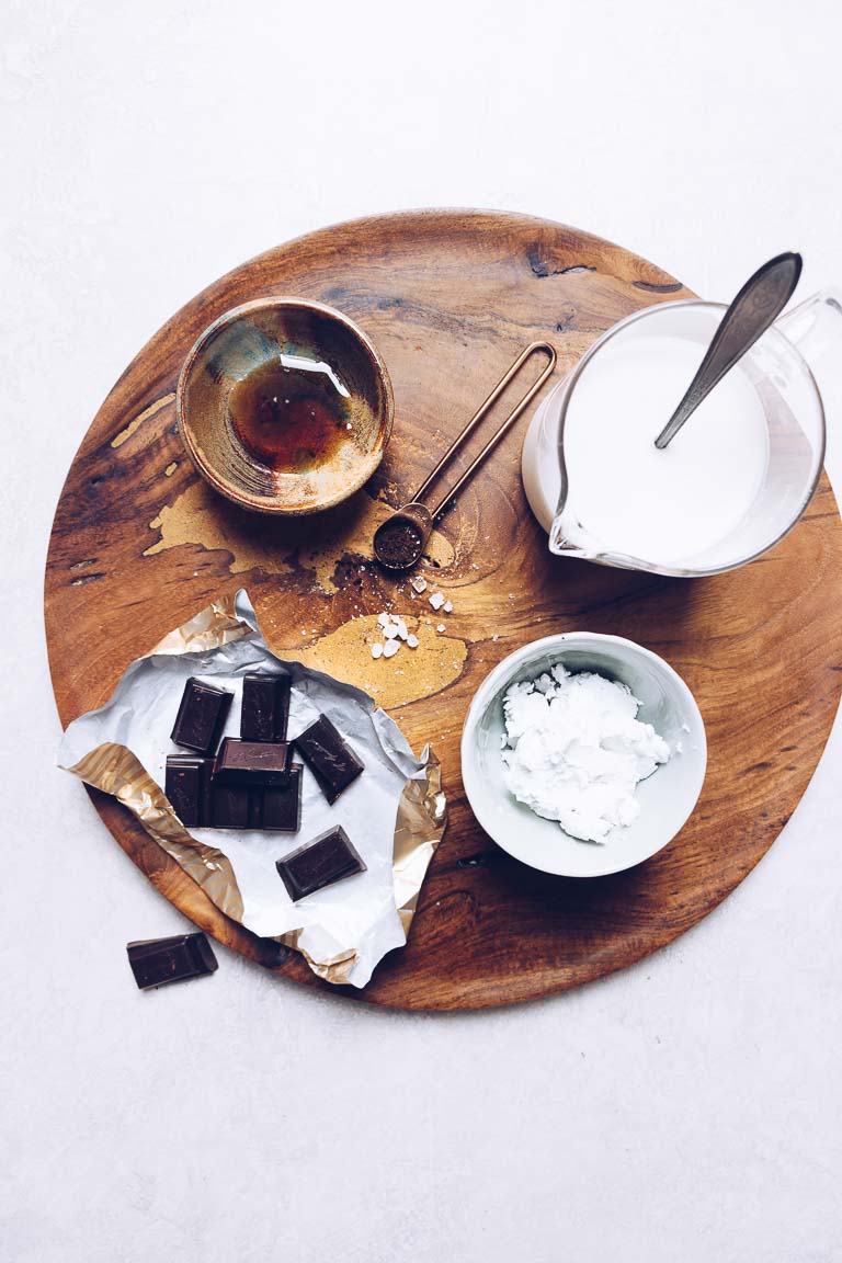 Photo shows ingredients used to make healthy dairy-free hot chocolate drink.