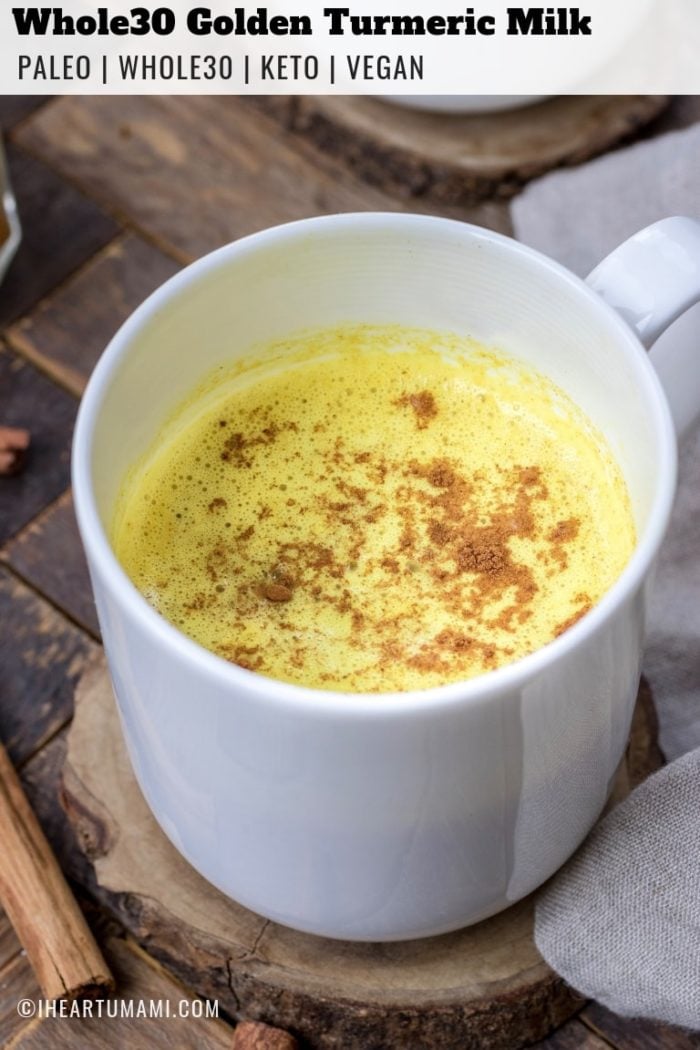 Dairy and caffeine free Whole30 Golden Turmeric Milk recipe is frothy creamy Whole30 beverage and anti-inflammatory.