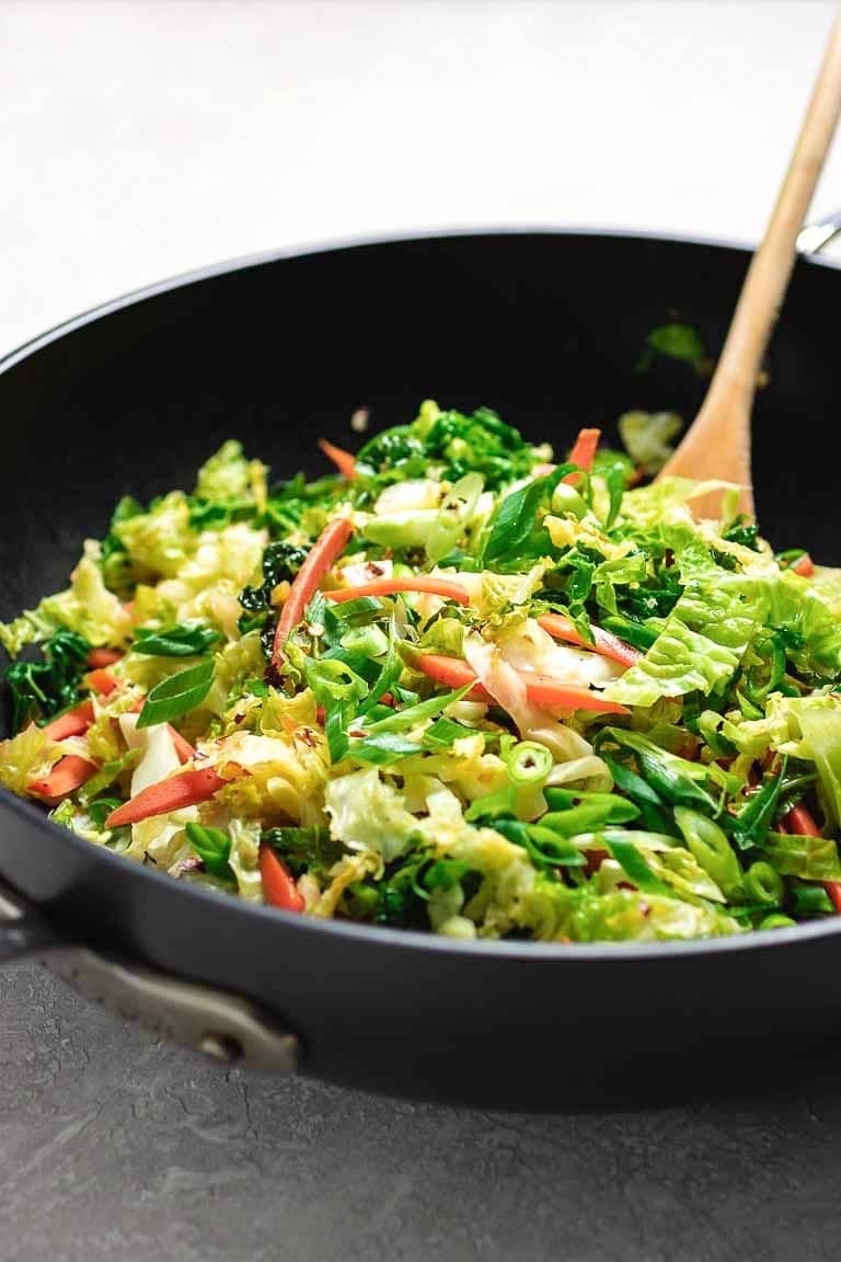 Paleo Chinese Cabbage Stir-Fry recipe with shredded cabbage in a Chinese-inspired stir-fry sauce.