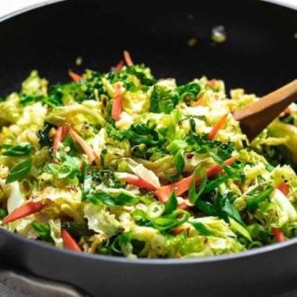 Paleo Chinese Cabbage Stir-Fry recipe with shredded cabbage in a Chinese-inspired stir-fry sauce.