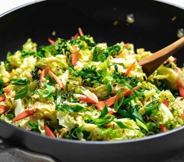 Paleo Chinese Cabbage Stir-Fry recipe with shredded cabbage in a Chinese-inspired stir-fry sauce.