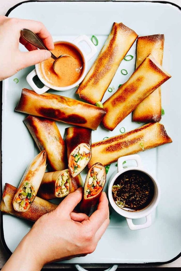 Paleo Egg Rolls recipe with coconut wraps baked in oven until golden crispy. These egg rolls are low carb Whole30 and Keto friendly.