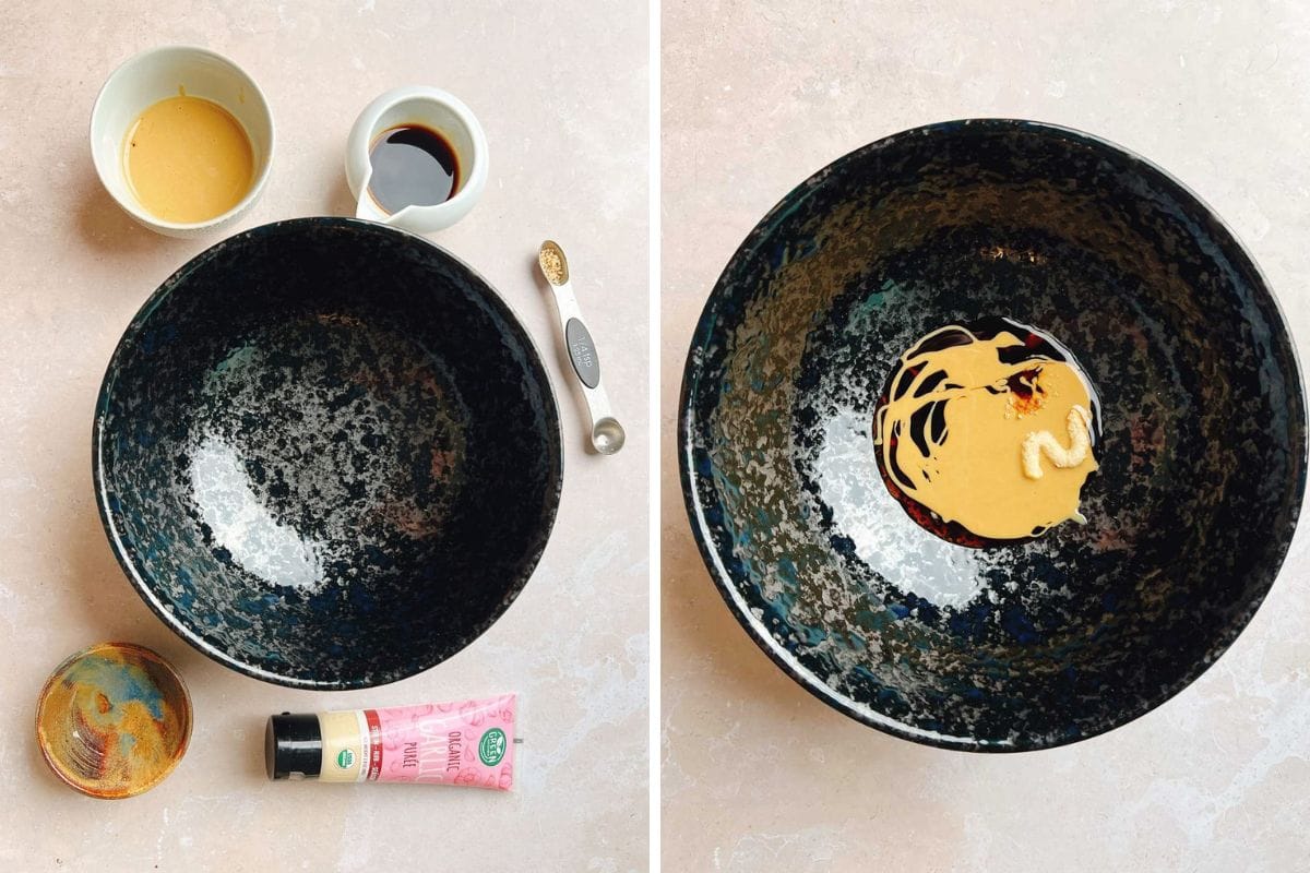 Two photos showing a large bowl being filled with sauces and paste ingredients for a creamy chicken ramen broth.