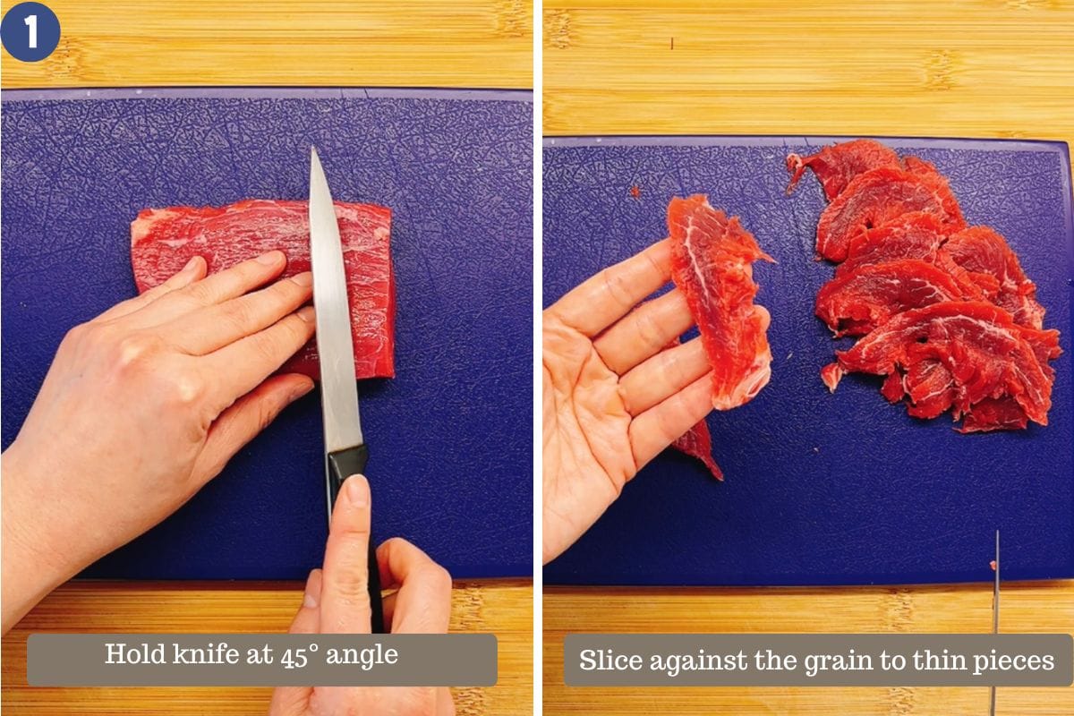 A two-step photo guide on how to velvet beef, showing hands slicing raw beef on a blue cutting mat: the left image demonstrates holding the knife at a 45° angle, and the right shows thin slices cut against the grain.