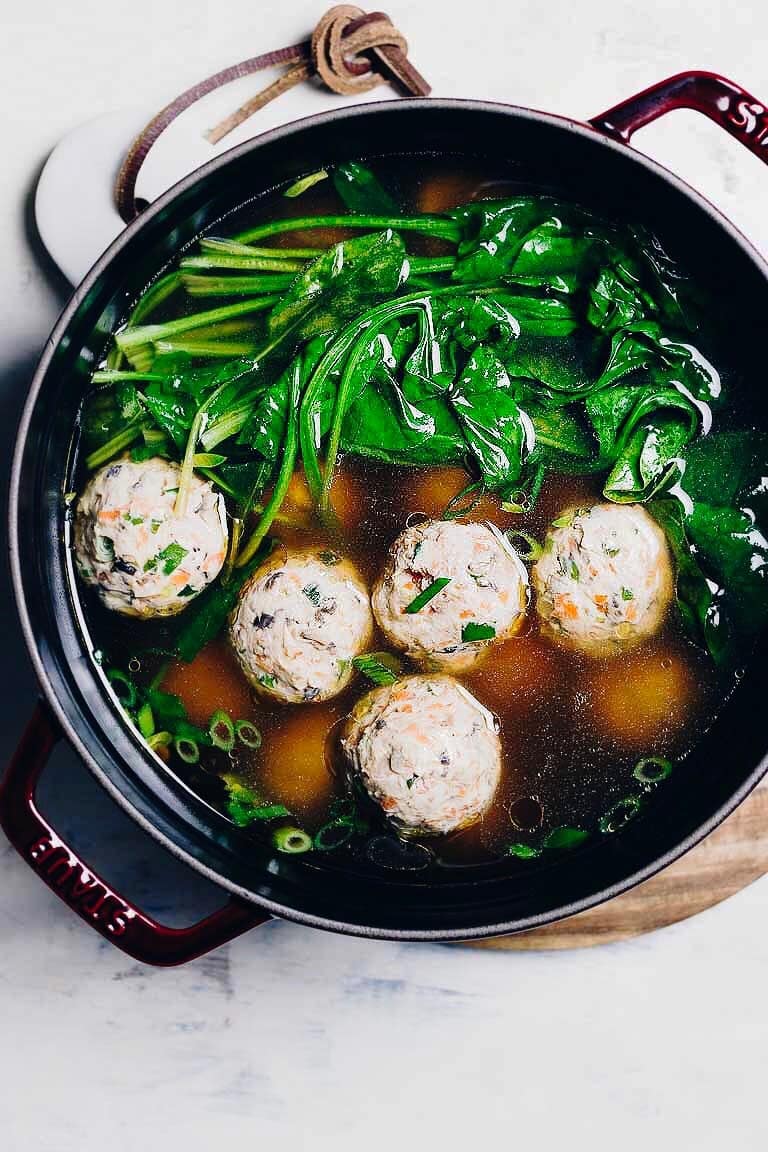 Paleo Chinese Chicken or Turkey Meatball Soup Recipe with spinach and no eggs in Asian ginger chicken broth from I Heart Umami.