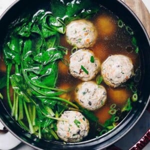 Paleo Chinese Chicken or Turkey Meatball Soup Recipe with spinach and no eggs in Asian ginger chicken broth from I Heart Umami.