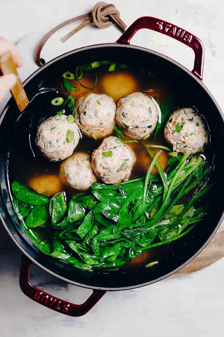 Paleo Chinese Chicken or Turkey Meatball Soup Recipe with spinach and no eggs in Asian ginger chicken broth from I Heart Umami.