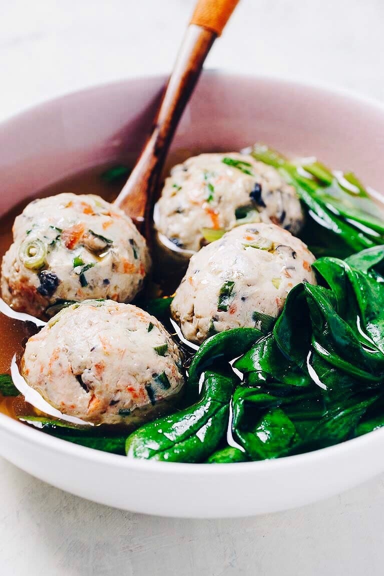 Paleo Chinese Chicken or Turkey Meatball Soup Recipe with spinach and no eggs in Asian ginger chicken broth from I Heart Umami.