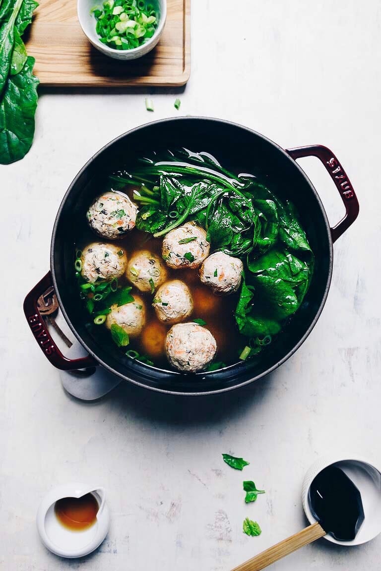 Paleo Chinese Chicken or Turkey Meatball Soup Recipe with spinach and no eggs in Asian ginger chicken broth from I Heart Umami.