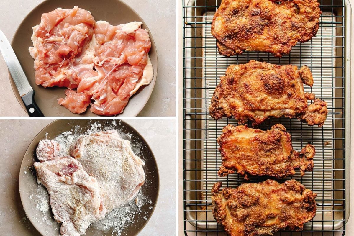 A collage showing raw chicken thighs flattened then dusted with starch and fry to crispy and rested over a wire rack.