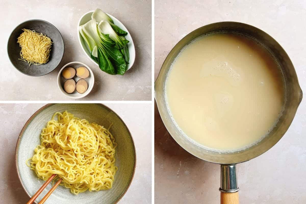 A collage showing homemade chicken ramen ingredients including noodles, bok choy, and soft-boiled eggs, a bowl of cooked noodles with chopsticks, and a saucepan of creamy broth.