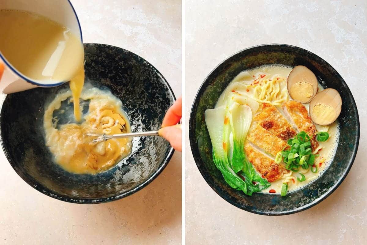 A two-part image showing broth being poured and whisked into a bowl with noodles, followed by a finished bowl of homemade chicken ramen topped with sliced fried chicken, bok choy, a halved soft-boiled egg, and green onions.
