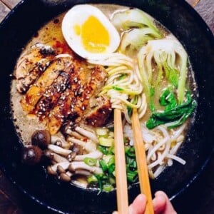 Whole30 Tantanmen Ramen recipe with creamy rich bone broth and juicy caramelized chicken.