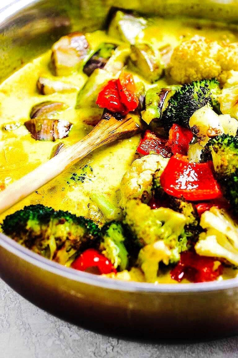 Creamy Whole30 Vegan Vegetarian Curry Recipe with roasted vegetables in dairy-free milk cream.
