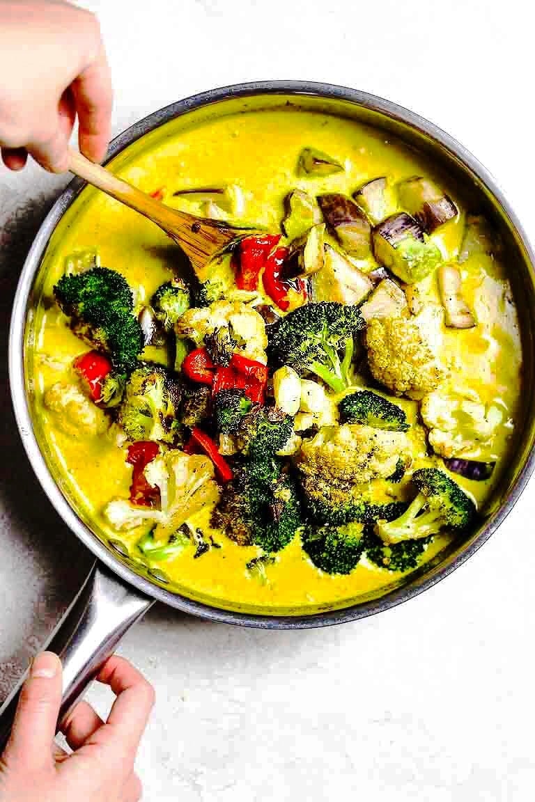Creamy Whole30 Vegan Vegetarian Curry Recipe with roasted vegetables in dairy-free milk cream.