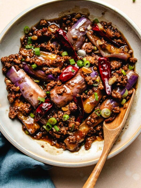 Photo shows Yuxiang Chinese eggplant stir fried with garlic sauce served on a white plate