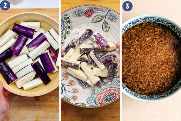 Step-by-step photo shows how to prepare Chinese eggplants
