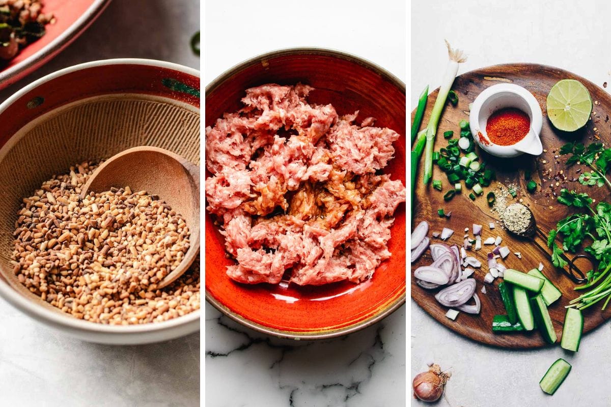 Three images: toasted rice powder in a bowl with a spoon, seasoned ground pork in a red bowl, and a wooden board with sliced vegetables, fresh herbs, lime, and spices arranged around a small white cup—essential ingredients for making Pork larb (Laab moo), the classic Larb Thai dish.