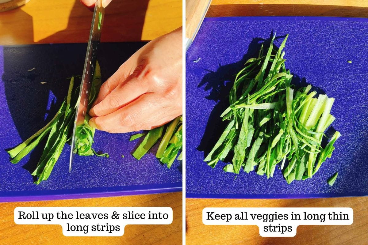 Person demos cutting bok choy leaves into long thin strips for coleslaw salad use.