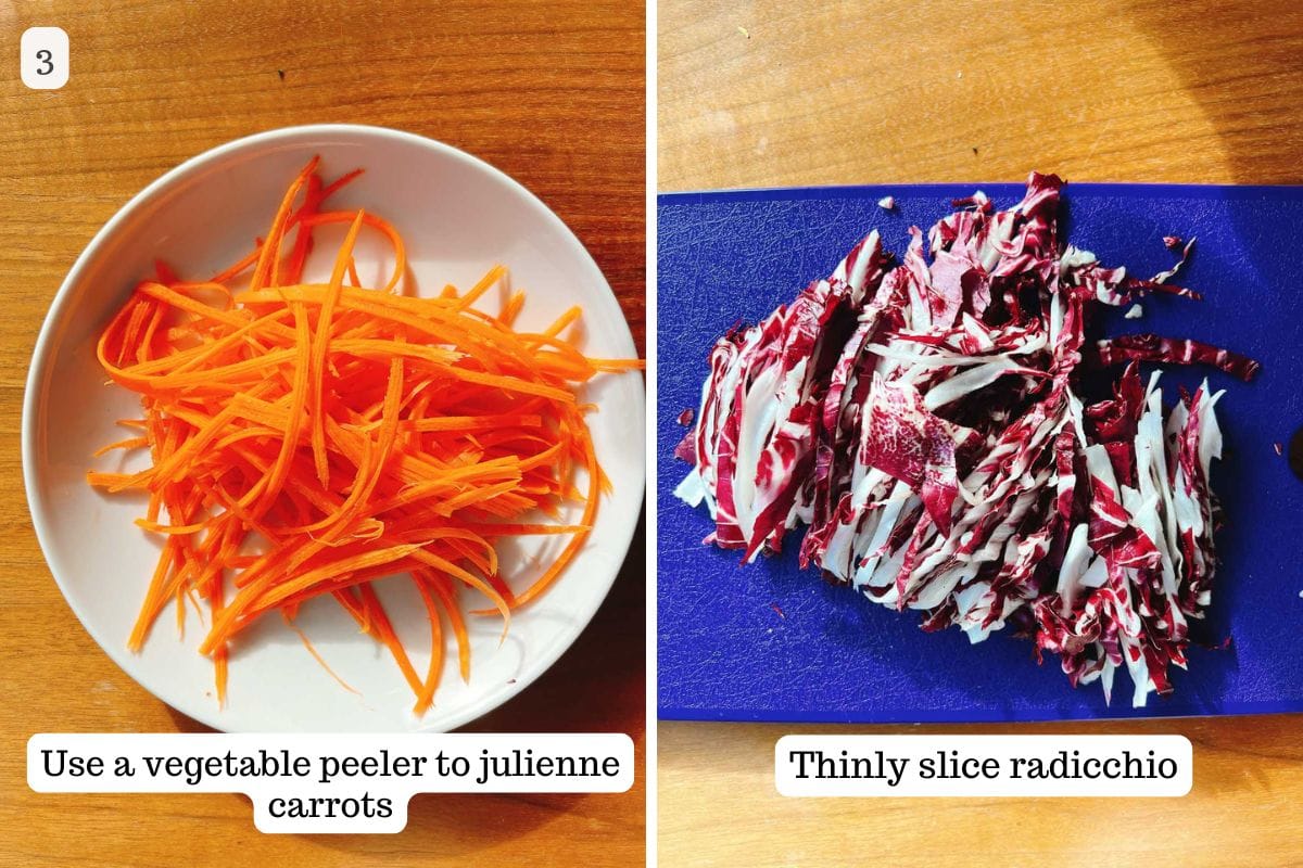 Person demos julienned carrots and thinly sliced radicchio to be add to the slaw.