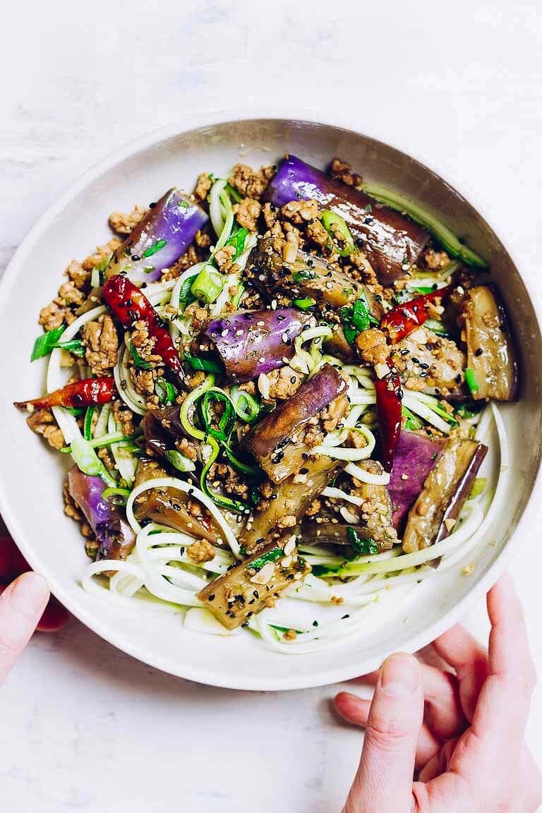 Paleo Chinese eggplant recipe in garlic sauce with minced meat is healthy, low carb, gluten-free, and Whole30 from I Heart Umami.