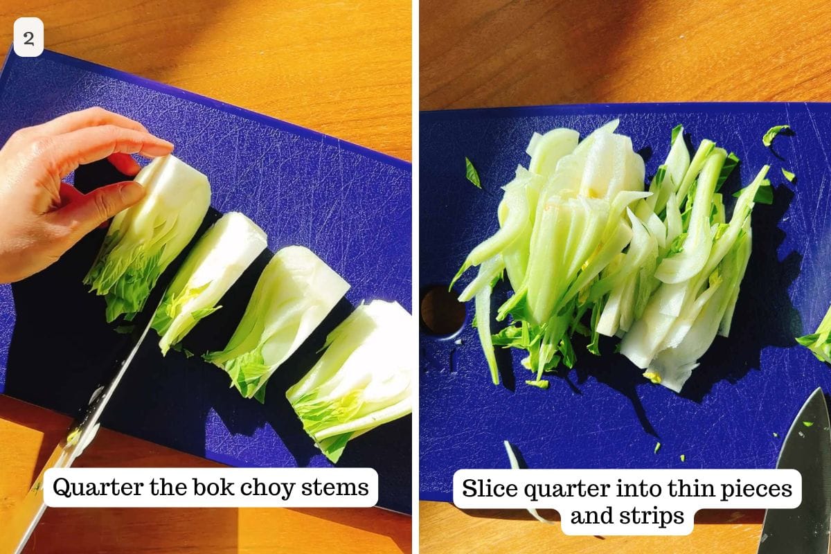 Person demos how to cut baby bok choy into coleslaw style and enjoy it raw.