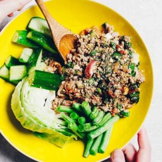 Photo shows Thai Larb Recipe (Larb Moo) dish served with fresh vegetables on the side in a bright yellow bowl.