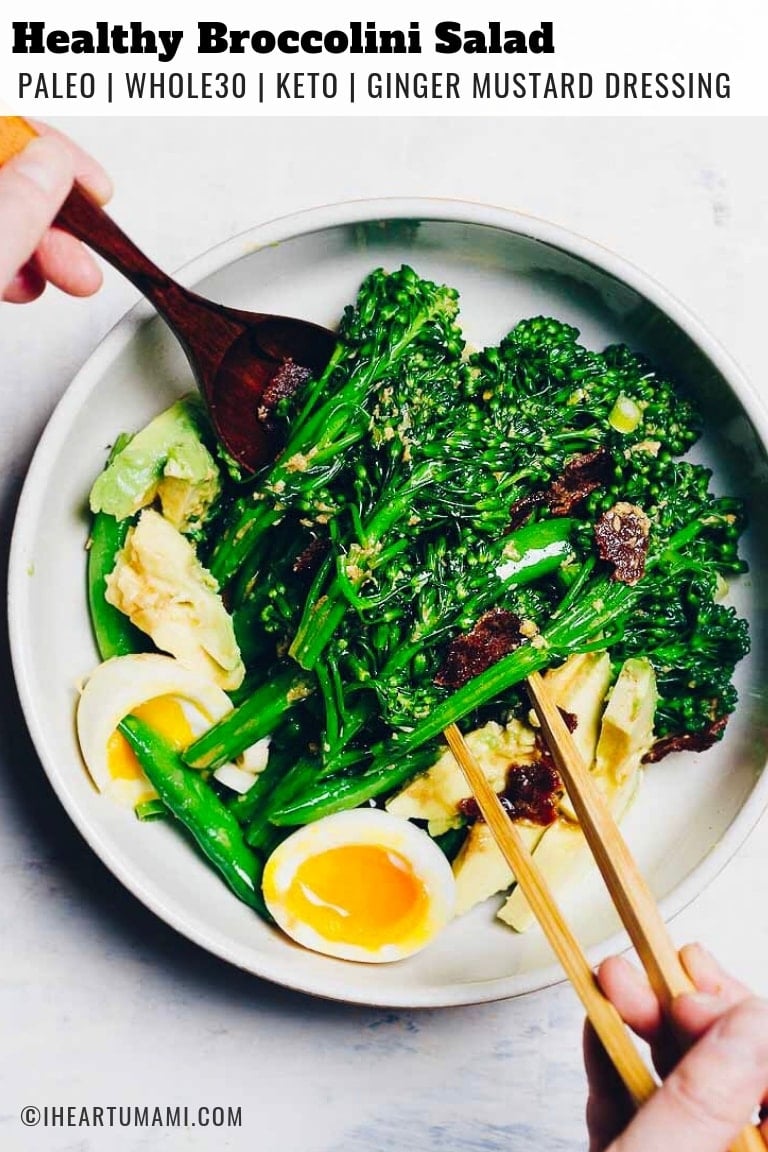 Healthy and easy Paleo Broccolini Salad with creamy ginger mustard dressing is Paleo, Whole30, and Keto low carb from I Heart Umami.
