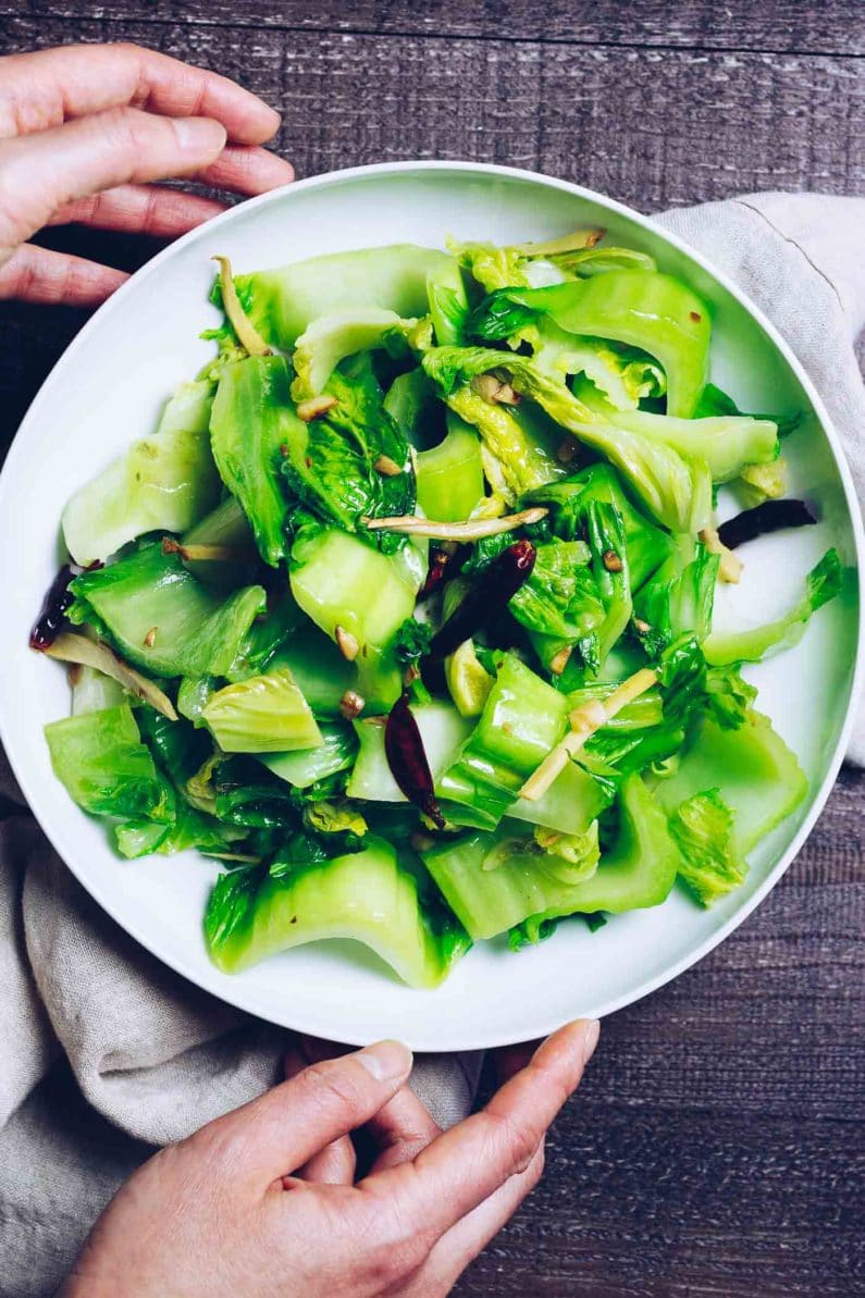 Chinese Mustard Green Recipe, stir-fried in a light ginger and garlic sauce is Paleo, Whole30, and Keto from I Heart Umami.